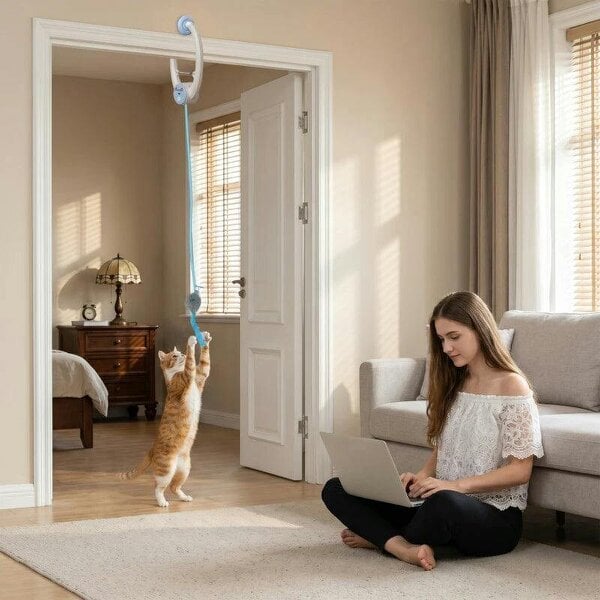 Interactive Cat Toys for Indoor Kittens & Adult USB Rechargeable Door Hanging Bouncing Mouse Teaser - White