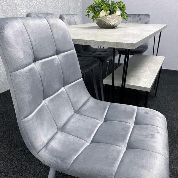 Kosy Koala Grey Dining Table with Hairpin Legs, Bench & 4 Grey Velvet Chairs Set for Kitchen & Dining Room