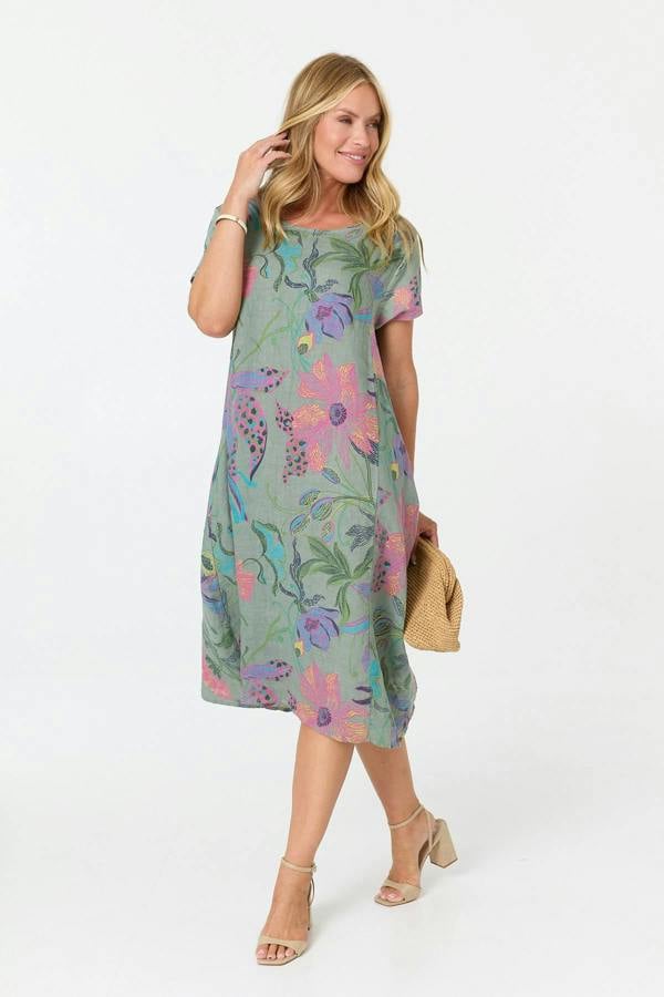 Sage | Floral Oversized Short Sleeve Midi Dress