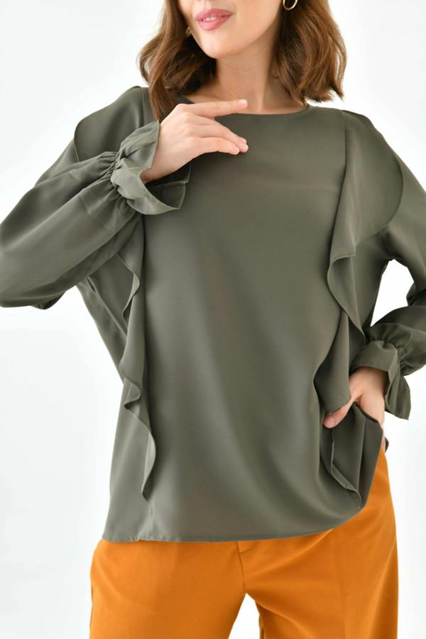 Hoxton Gal Oversized Frilled Front Blouse with Detailed Cuffs in Khaki