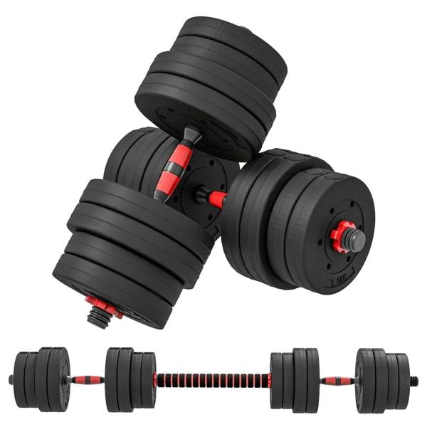 Black adjustable dumbbell set with barbell bar, red accents, stacked weight plates