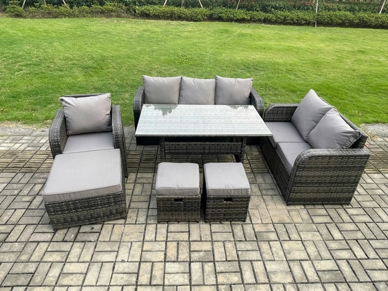Fimous 7 Piece Rattan Garden Furniture Set with Patio Sofa Rectangular Dining Table 3 Small Footstools Indoor Conservatory Patio Set