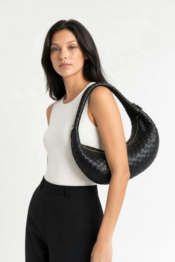 SVNX Woven Hobo Chain Shoulder Bag in Black