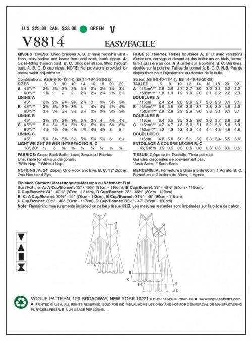 Vogue Sewing Pattern 8814, Dresses for Women, 6-8-10-12-14 - Easy