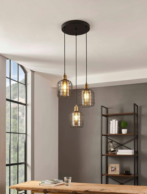 EGLO Chisle Black And Amber Metal And Glass 3-Light Ceiling Pendant, (D) 42.5cm