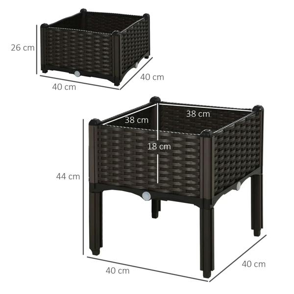 Set of 2 brown raised planter boxes with side lattice weave; size diagram