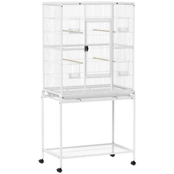 Large Bird Cage Budgie Cage with Stand, Storage Shelf, Wood Perch for Parrot, 81 x 48 x 162.5 cm, White