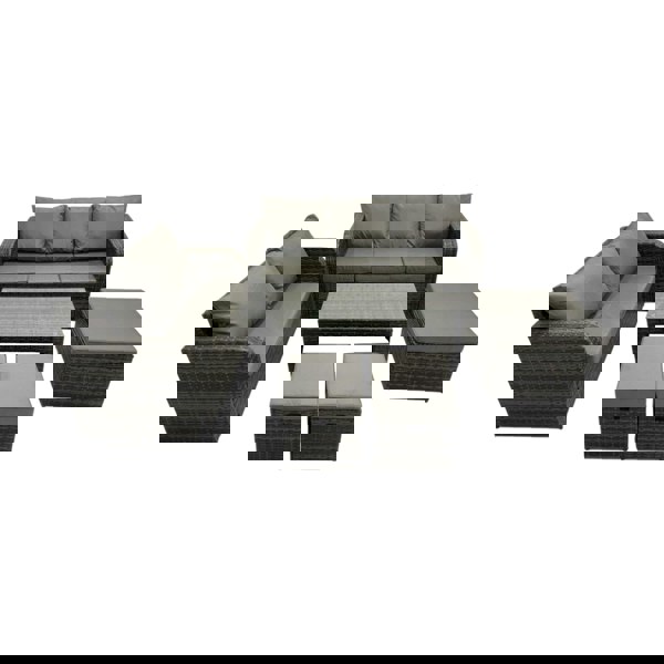 Fimous Rattan Garden Outdoor Furniture Set 3 Seater Sofa Love Sofa Coffee Table with 3 Footstools Dark Grey Mixed