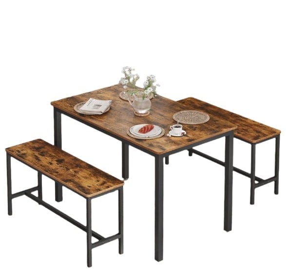 Modcraft 3-Piece Dining Table Set with 2 Benches – Industrial Style Space-Saving Design for 4 People