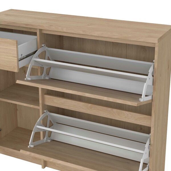 Wyld Haus Budapest Natural Oak Effect Wood Shoe Cabinet 3 Doors 1 Drawer