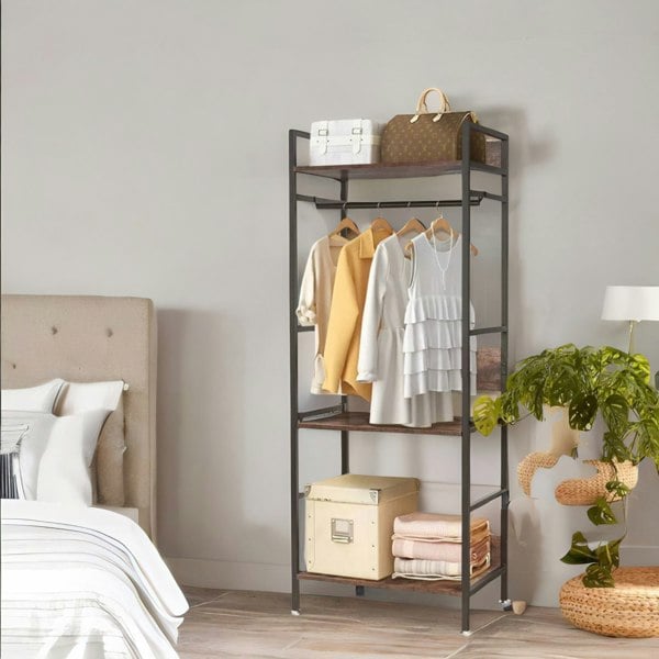 Rafaelo Mobilia Industrial Heavy Duty Metal Open Wardrobe With Shelves Rustic Brown