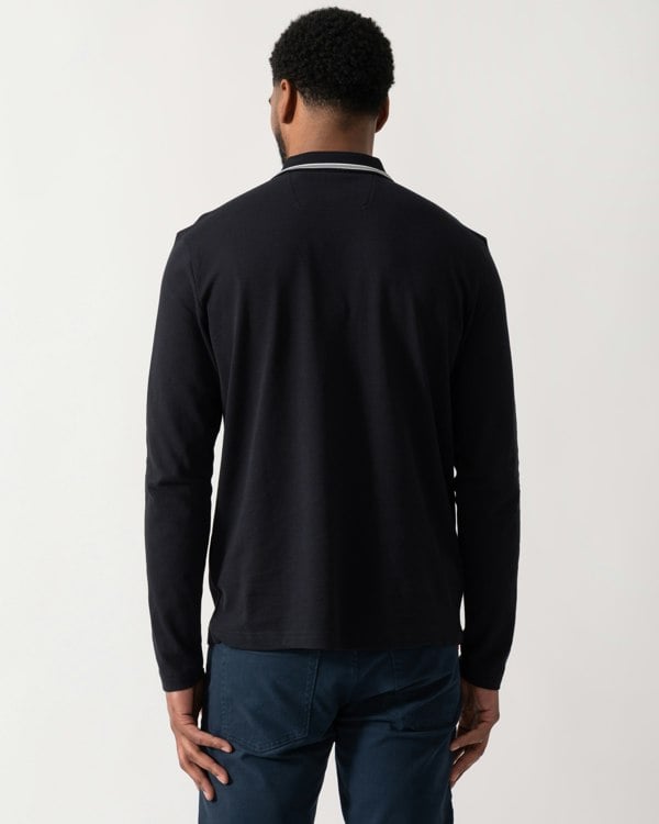 back shot of a Model wearing a BOSS Green Plisy Mens Long Sleeve Polo Shirt in Dark Blue