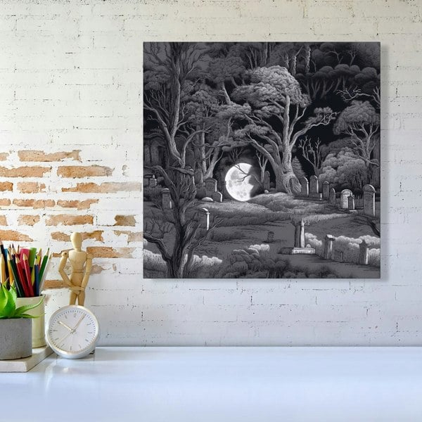 Warren Reed Eerie Moonlit Cemetery Canvas