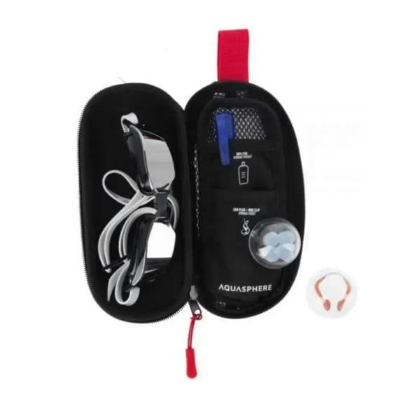 Aquasphere black zippered hard shell goggle case with earphones and goggles