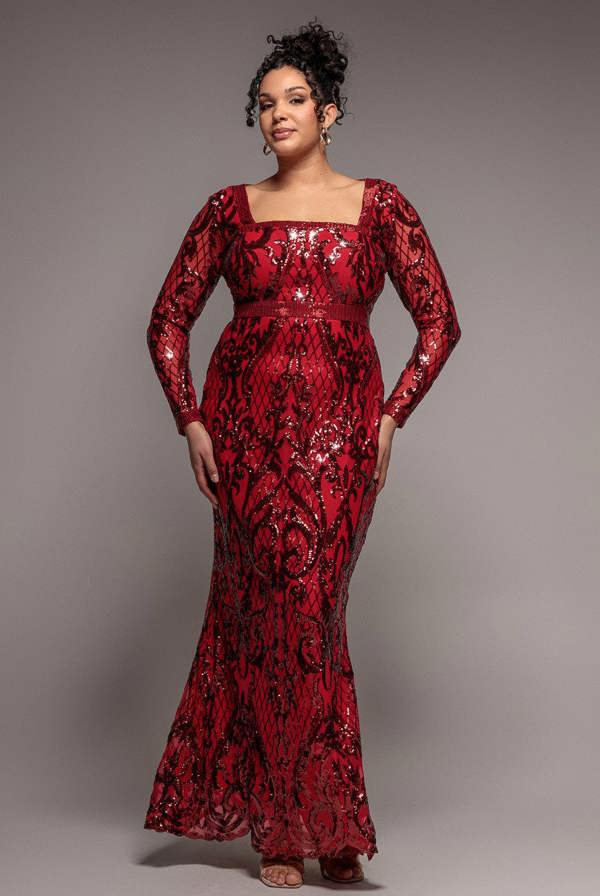 Sequin Square Neck Maxi With Scallop Hem - Red DR4038PLUS