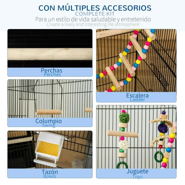 Bird cage accessory set: perches, ladder, swing, bowl, and hanging toy