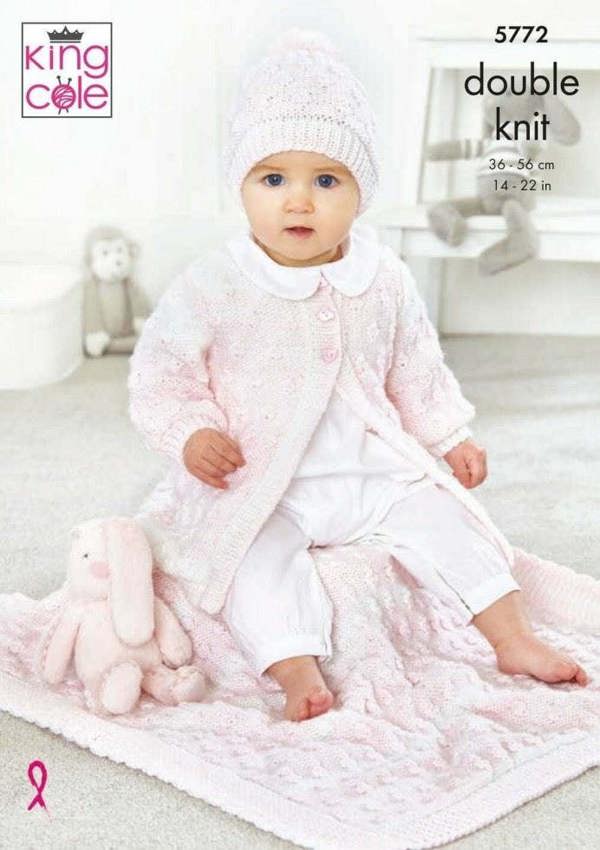 King Cole Baby Pure DK Knitting Pattern 5772, Cardigans, Headwear, Blankets for Baby, 14 - 22 Inches
