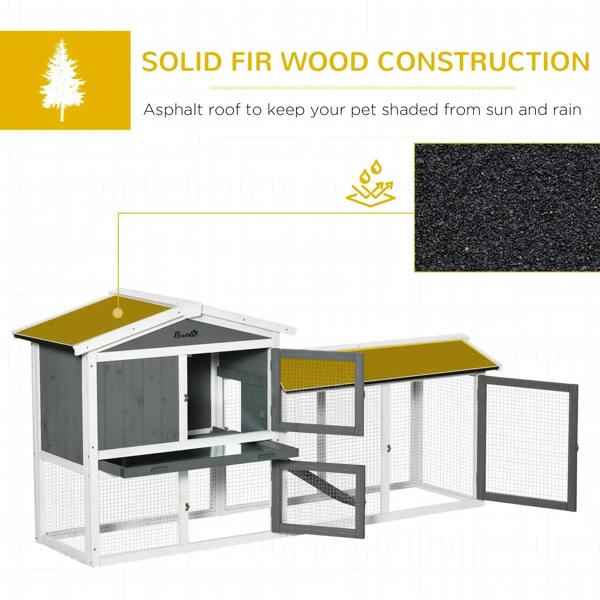 White wooden 2-tier hutch with asphalt roof and wire-mesh run enclosure