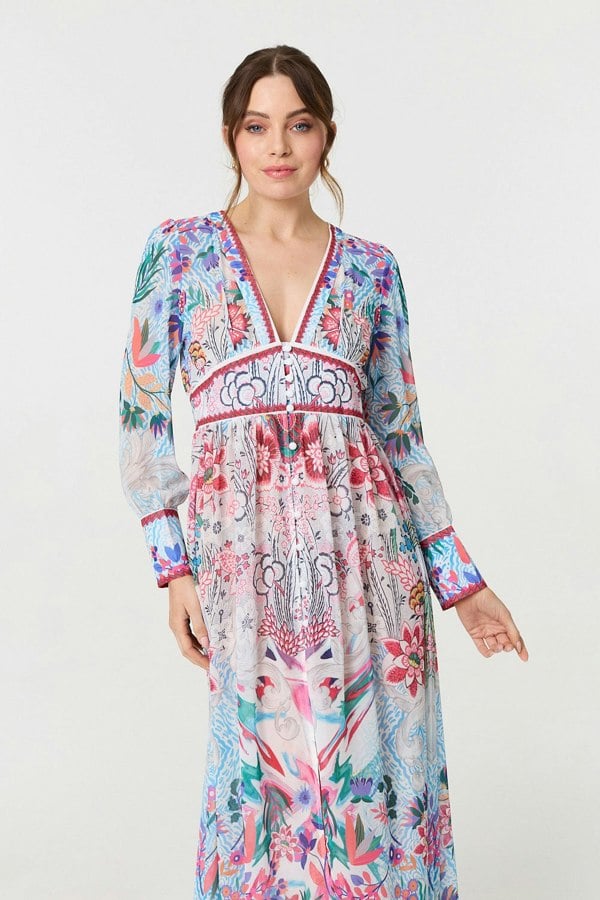 Blue | Floral Empire Waist Long Sleeve Maxi Dress
