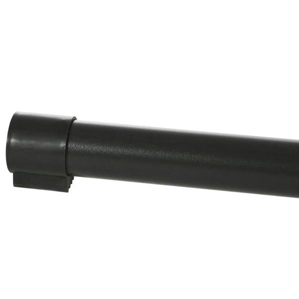 Close-up of black hammock stand tube end cap and connection bracket.