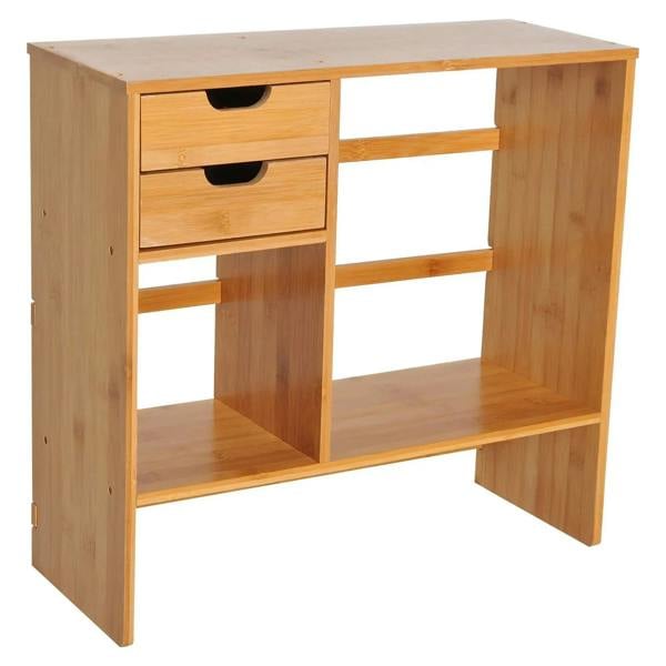 Natural bamboo desk organizer with side shelf and two front drawers