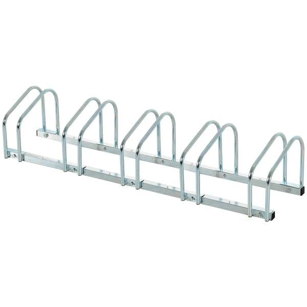 Silver 5-bike floor or wall mount parking rack with five U-shaped bike holders