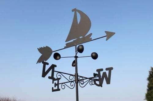 The Garden Marketplace Boat Steel Weathervane, Black Painted All-Steel Weather Vane With Wall Fixings and 1.7m Ground Spike, Wind Speed Cups