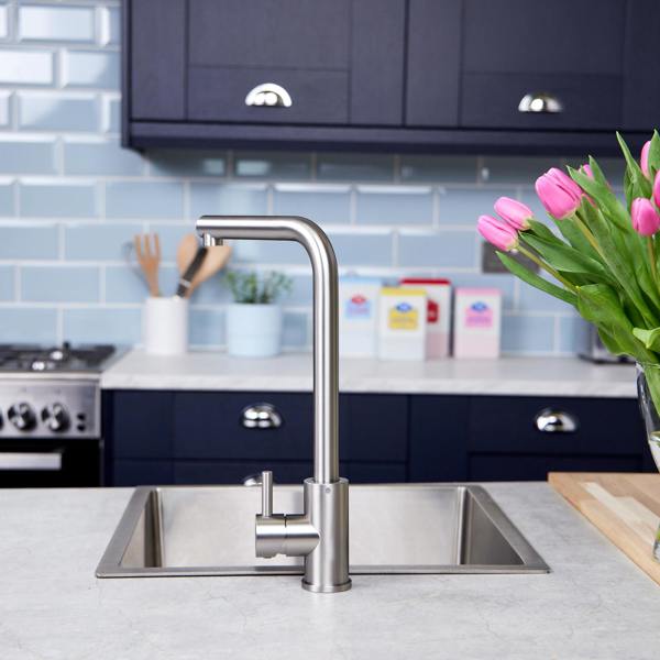 Flode Mjörn | Single Lever Kitchen Sink Mixer Tap with Swivel Spout | L Neck Design | Brushed Steel Finish