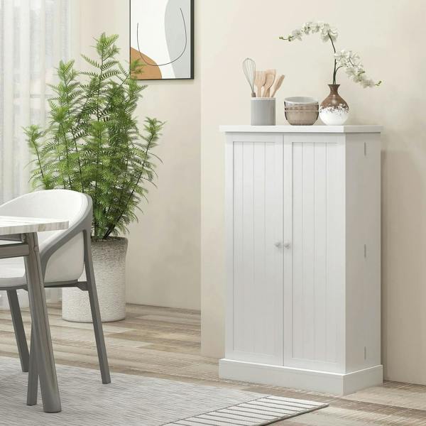 White freestanding kitchen cupboard with double doors and interior shelving for storage