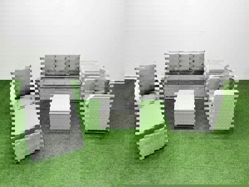 Fimous PE Rattan Garden Furniture Set Reclining Chair Sofa Lounge Sofa Set Square Coffee Table Side Table Big Footstool Light Grey