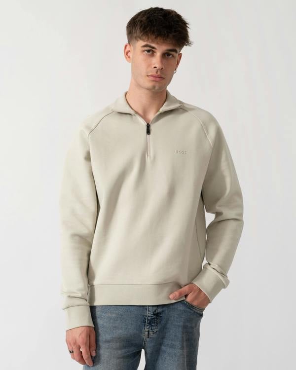 BOSS Green Sweat Mens 1/4 Zip Sweatshirt - Light Beige 272 front