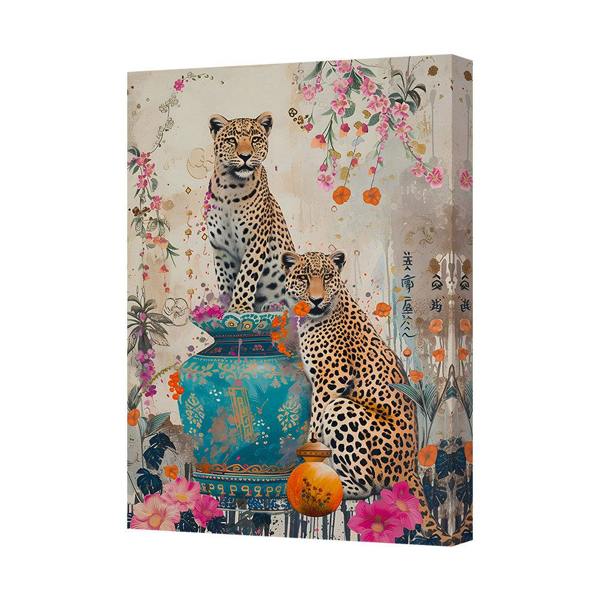 Benjamin Tate Design Leopard Duo Beside Ornate Teal Vase Floral Canvas Wall Art