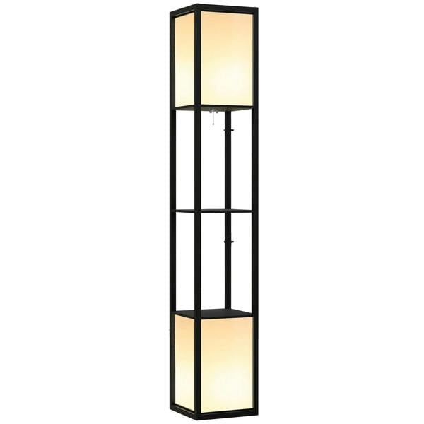 Black metal standing column lamp with two glowing square shades and open shelves