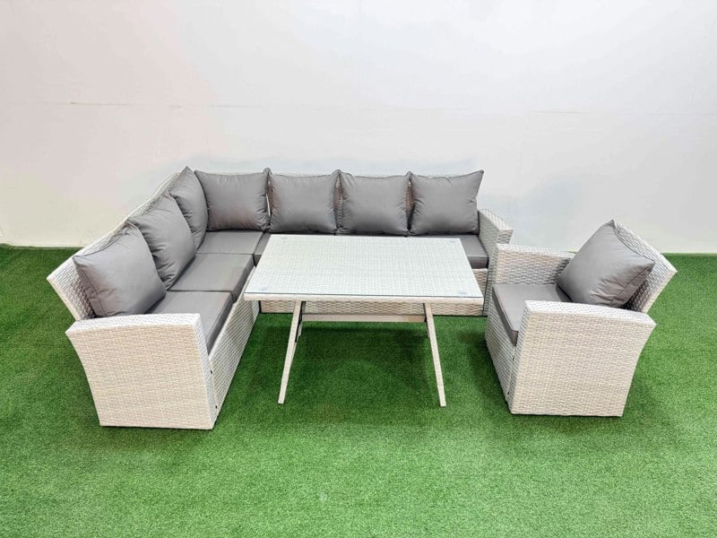 Fimous Garden Outdoor Rattan Furniture Set Rattan Corner Sofa Oblong Dining Table with Armchair Light Grey Mixed 7 Seater