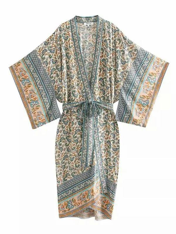 FS Collection Relaxed Cotton Kimono In Blue Floral