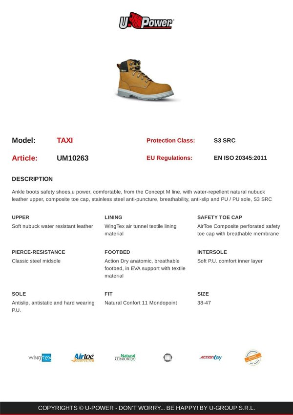 U-Power Taxi Lace Up Midsole Toecap Work PU S3 Lightweight Safety Boots