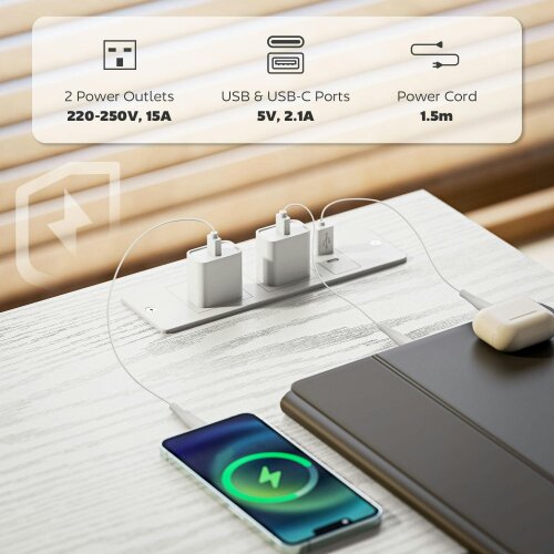 Wyld Haus Riba 120cm Wooden White Home Office Desk With Power Sockets 3 Fabric Drawers And Storage Shelves 120 cm