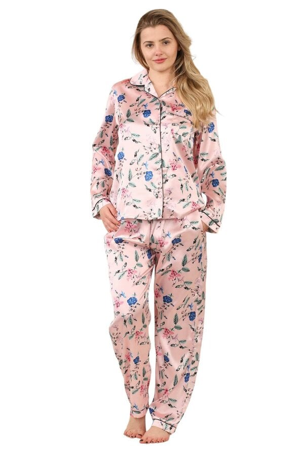 Luxury Satin Floral Pyjama Set – Long Sleeve, Button-Up & Pockets
