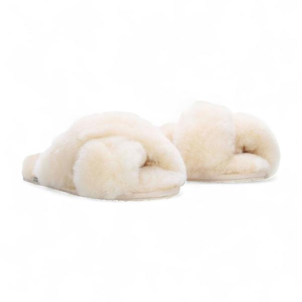 Infinity Leather Women's Sheepskin Slippers Beige Warm Winter Fur Crossover - Snowbelle