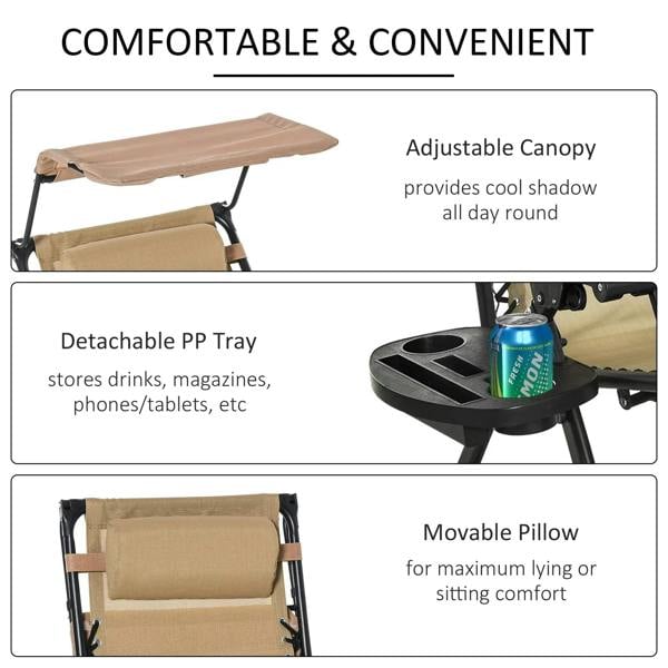 Beige rocking sun lounger chair with adjustable canopy, detachable drink tray, and movable pillow