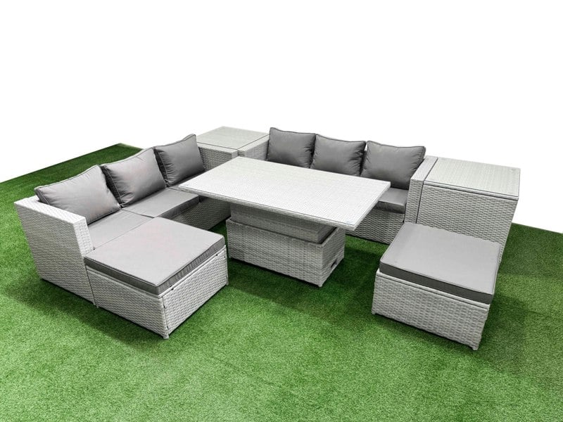 Fimous 7 PCs Rising Dining Table Set Rattan Furniture Set with 3 Seater Sofa 2 Big Footstools 2 Side Tables Light Grey