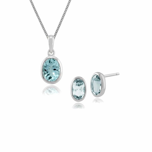 117E0008049-27030 Classic Oval Aquamarine Bezel Stud Earrings & Pendant Set in 9ct White Gold 1