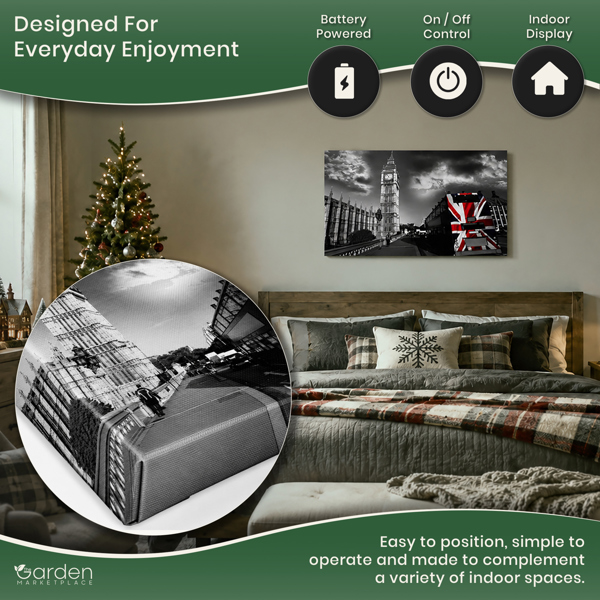 Big Ben & London Bus Scene Canvas Print with 6 LED Lights, Stretched on Wooden Frame, Battery Powered Wall Art, 60cm x 40cm