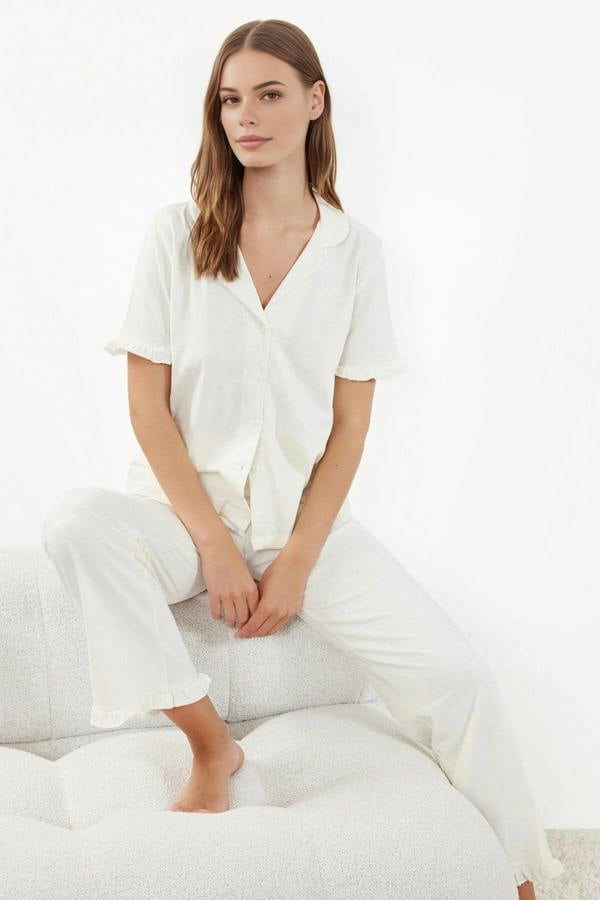 WOVCOR 2-Piece 100% Cotton Ruffle Detail Knitted Pajama Set