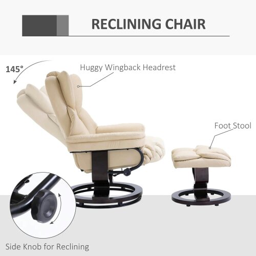 Bobobiy 360° Swivel Recliner Chair with Footstool, PU Leather Manual Recliner Armchair with Footstool, Solid Wood Base, Cream