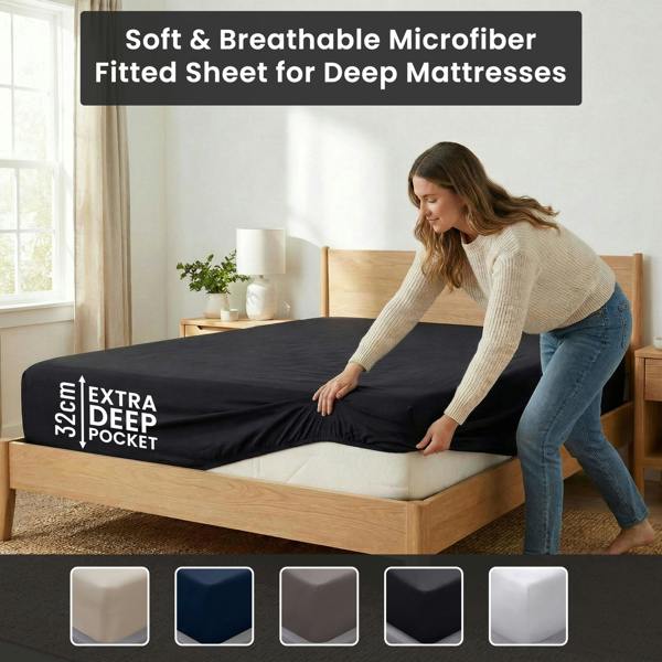 Smart Living Super Soft Microfiber Plain Dye Warm Cosy Bed Linen 32cm Fitted Sheet - Black