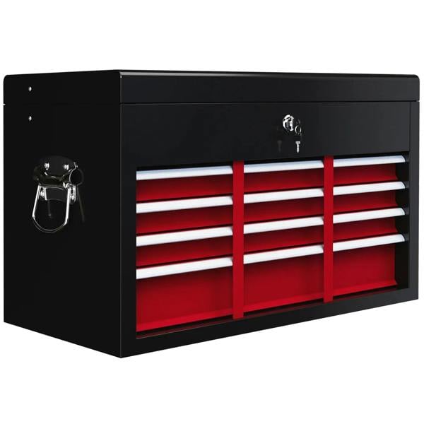 Red steel tool storage chest with six drawers, lock and keys, front view