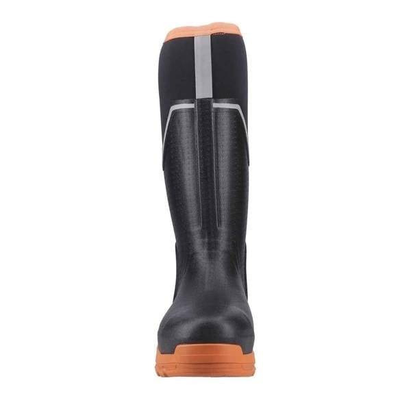 Muck Boots MUCK Boots GRIT S5 Womens Tall Safety Composite Toe Midsole Wellie, a pair of black and orange women's safety tall rubber boots with composite toe and midsole protection for industrial or outdoor use.