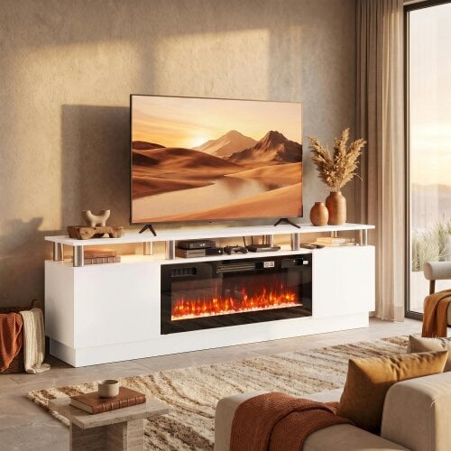 HOMCOM Electric Fireplace TV Stand for 80" TVs, LED Strip, 900/1800W, White