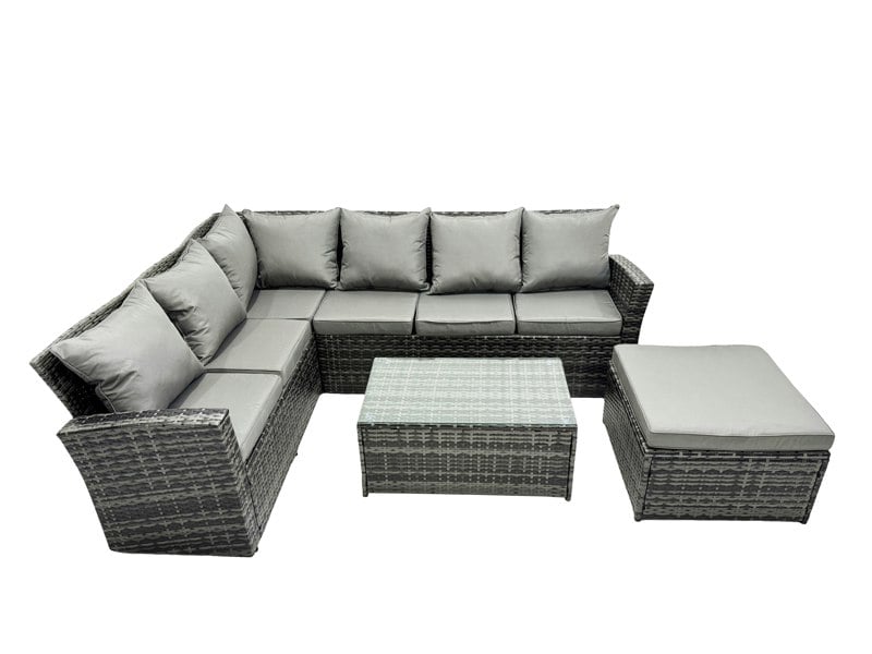 Fimous 7 Seater High Back Rattan Garden Furniture Set Corner Sofa With Oblong Coffee Table Footstool